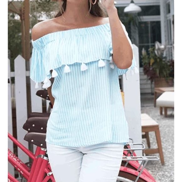 La Mer Luxe Baby Blue Striped Off the Shoulder Monica Top, Sz Medium, MP $104 - Picture 1 of 7